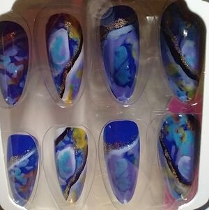 Press on nails blue gold glitter marble nail set